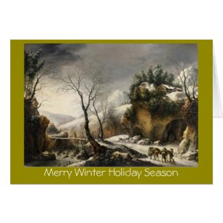 Xmas winter lanscape w/birds New Year greeting