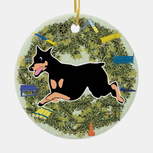 Xmas Wreath Agility Doberman Ceramic Ornament