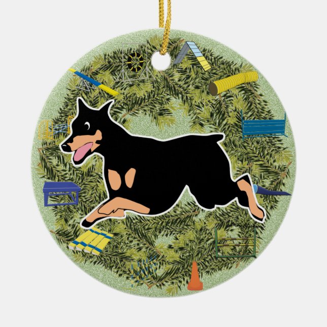 Xmas Wreath Agility Doberman Ceramic Ornament (Front)