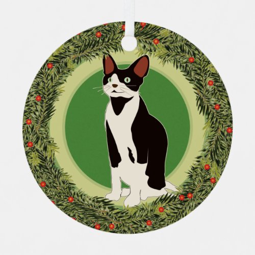 XMas Wreath Black and White Cat Metal Ornament