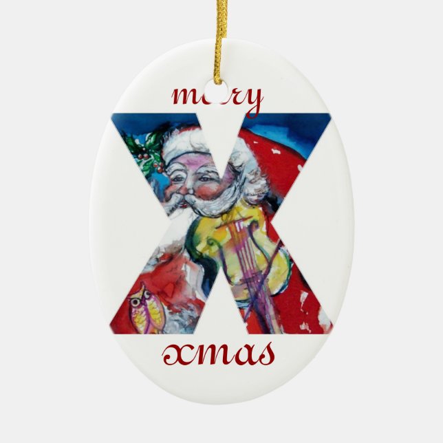 XMAS X LETTER /SANTA  CLAUS WITH VIOLIN MONOGRAM CERAMIC ORNAMENT (Front)