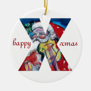 XMAS X LETTER /SANTA CLAUS WITH VIOLIN MONOGRAM CERAMIC ORNAMENT