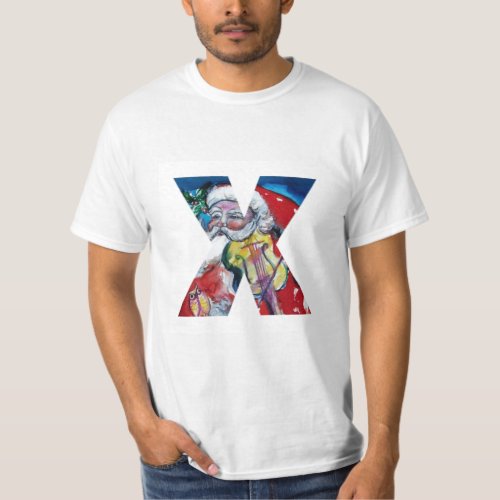 XMAS X LETTER SANTA  CLAUS WITH VIOLIN MONOGRAM T_Shirt
