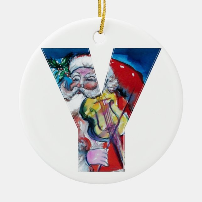 XMAS Y LETTER /SANTA  CLAUS WITH VIOLIN MONOGRAM CERAMIC ORNAMENT (Front)