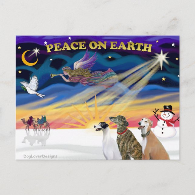 XmasSunrise-3 Greyhounds Holiday Postcard (Front)