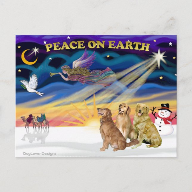 XmasSunrise-Three Golden Retrievers Holiday Postcard (Front)