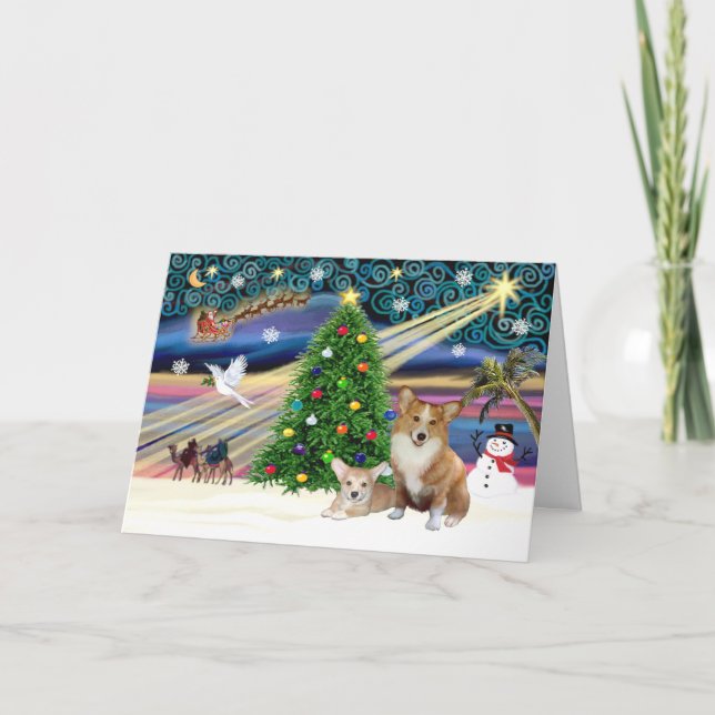 Xms Magic-2Corgis-Pem+pup Holiday Card (Front)