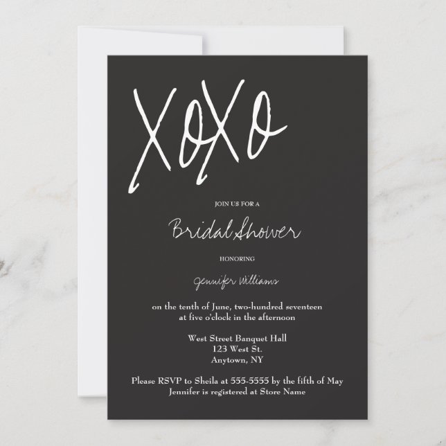 XO grey bridal shower invitations (Front)