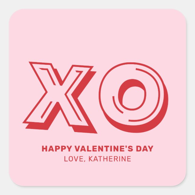 XO Happy valentine's Day pink red modern custom Square Sticker (Front)