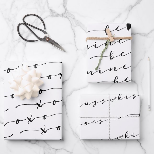XO XO Be Mine White & Black Calligraphy Valentine Wrapping Paper Sheets (Front)