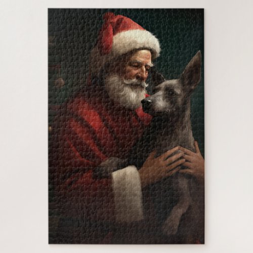 Xoloitzcuintli With Santa Claus Festive Christmas Jigsaw Puzzle