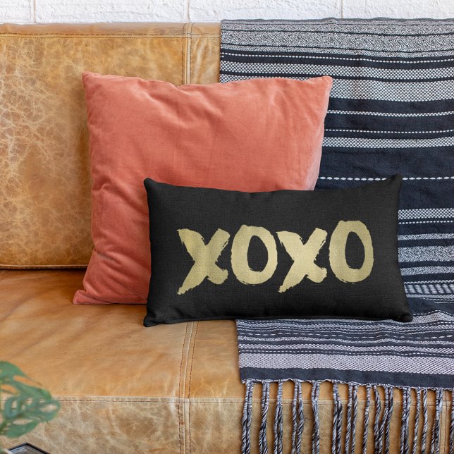 XOXO Black & Faux Gold Brushstroke Typography Lumbar Pillow (Creator Uploaded)