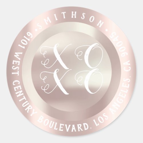 XOXO Christmas Return Adress RSVP Gray Rose White Classic Round Sticker