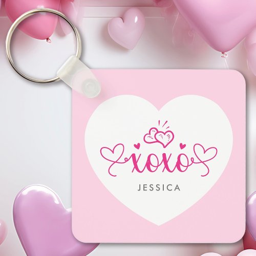 XOXO Custom Text Photo Cute Pink Hearts Keychain