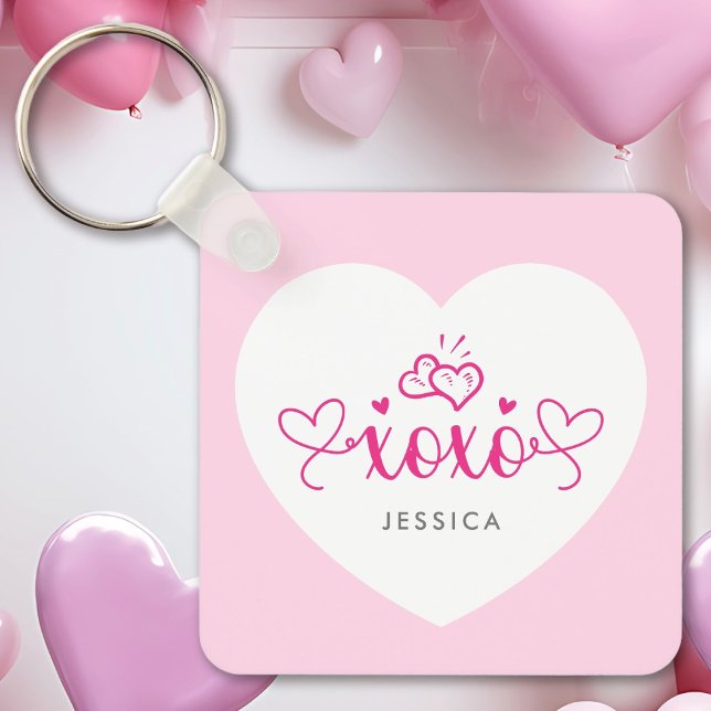 XOXO Custom Text Photo Cute Pink Hearts Keychain (Creator Uploaded)