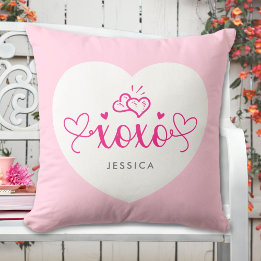XOXO Cute Pink Hearts Custom Name Text Throw Pillow