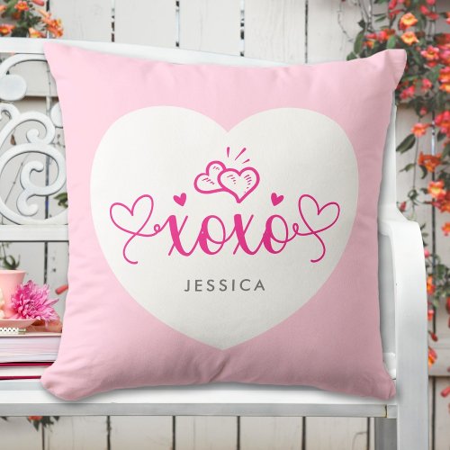 XOXO Cute Pink Hearts Custom Name Text Throw Pillow