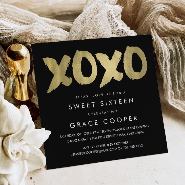 XOXO Faux Gold & Black Sweet Sixteen Invitation