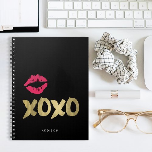 XOXO Faux Gold  Pink Lips  Black Notebook