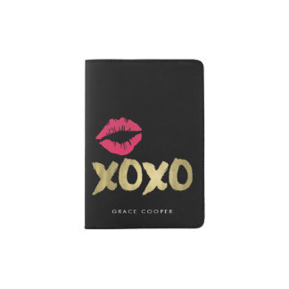 XOXO Faux Gold & Pink Lips | Black Passport Holder