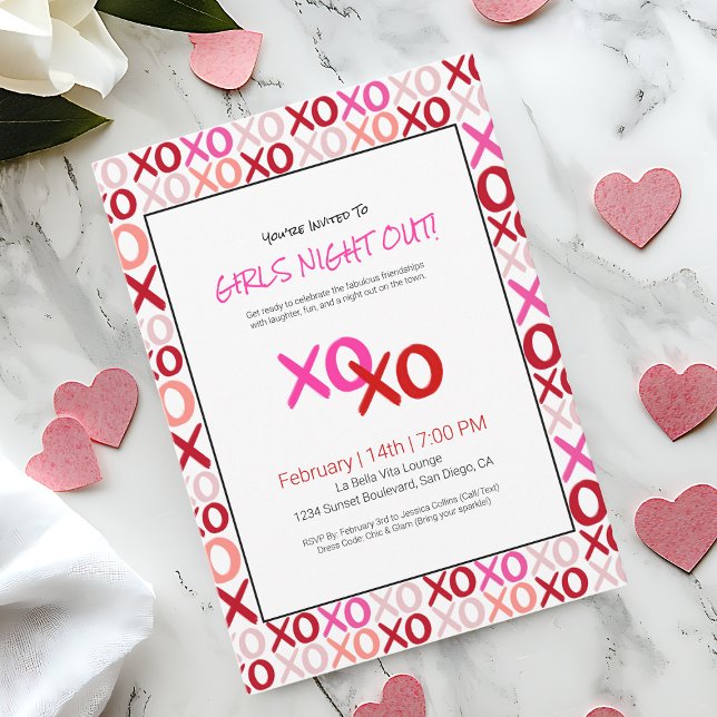 XOXO Girls Night Out Pink Cute Galentine Day Party Invitation (XOXO Girls Night Out Pink Cute Galentine Day Party Invitation)
