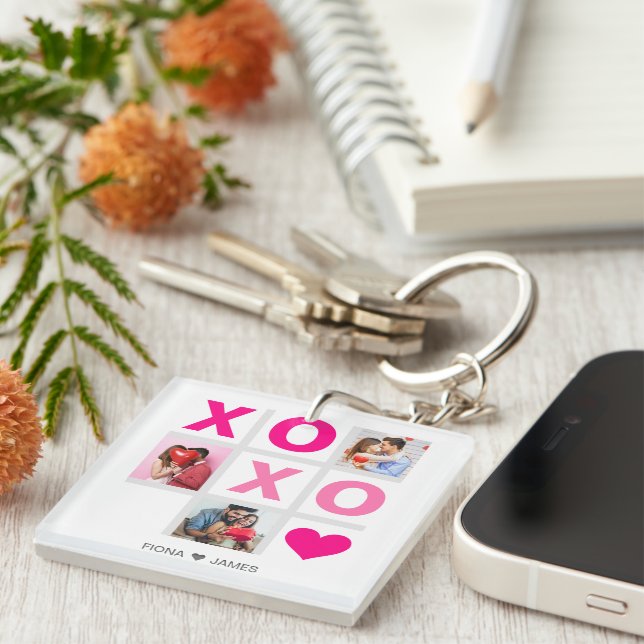 XOXO Happy Valentine's Day Pink Heart Custom Photo Keychain (Front Right)