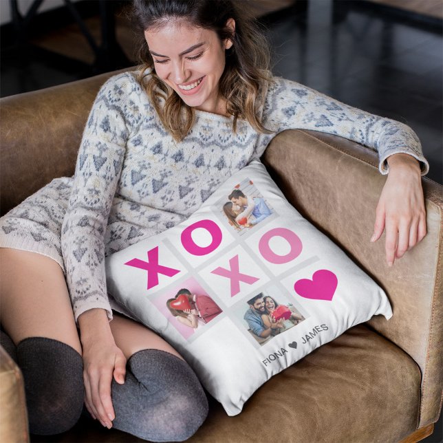 XOXO Happy Valentine's Day Pink Heart Custom Photo Throw Pillow (Creator Uploaded)