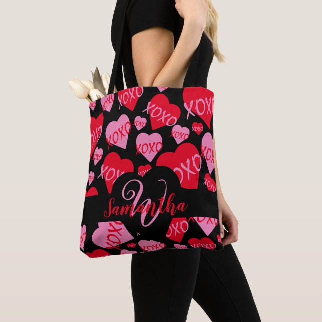 XOXO Heart Pink Red Pattern Monogram Black Tote Bag (Close Up)