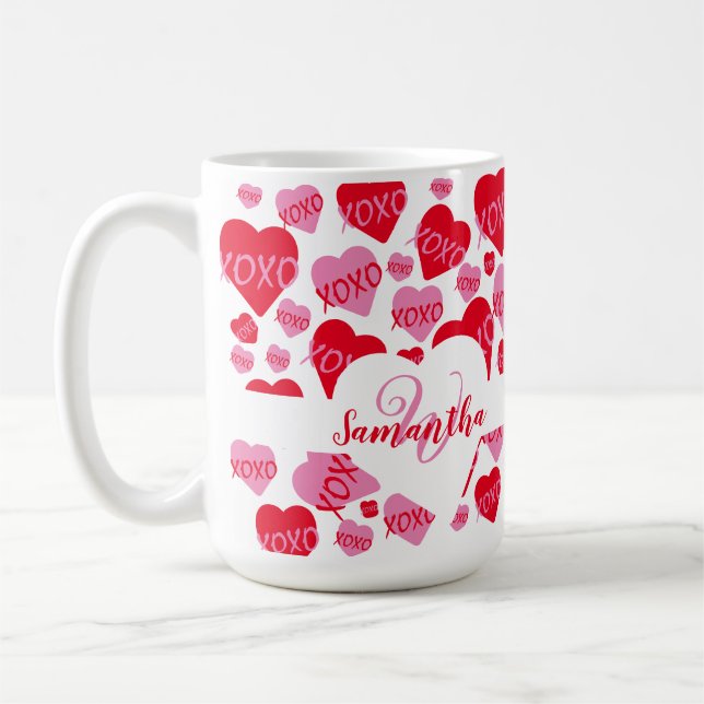 XOXO Heart Pink Red Pattern Monogram White Coffee Mug (Left)