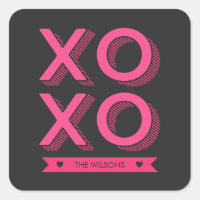 XOXO Hearts Pink and Dark Background Square Sticker
