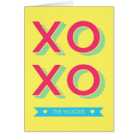 XOXO Hearts Pink Blue Yellow Background Card