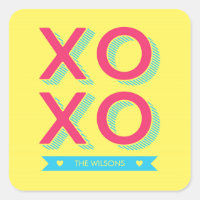 XOXO Hearts Pink Blue Yellow Background Square Sticker