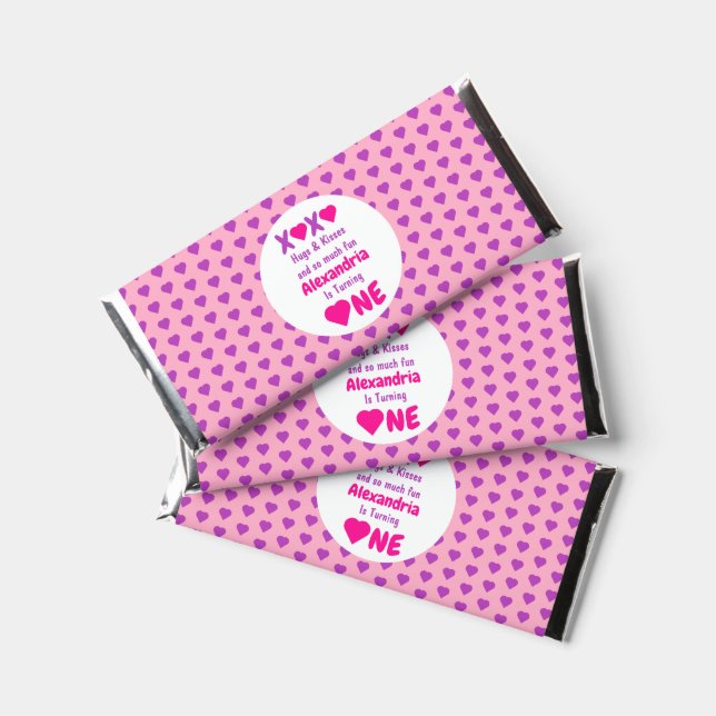 XOXO Hugs and Kisses 1st Birthday Hershey Bar Favors (Front)