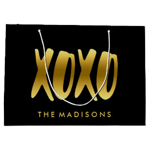 XOXO Hugs and Kisses Faux Gold Typography Black Large Gift Bag