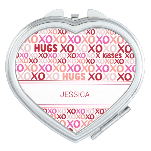 XOXO Hugs and Kisses Galentine Pink and Red BFF Compact Mirror (Front)