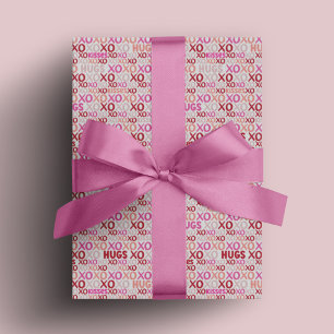 XOXO Hugs and Kisses Pink Red Galentine Present Wrapping Paper