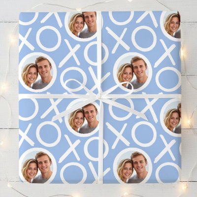 XOXO Hugs &amp; Kisses 2 Photo Blue Brush Script Wrapping Paper