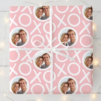 XOXO Hugs &amp; Kisses 2 Photo Pink Brush Script Wrapping Paper