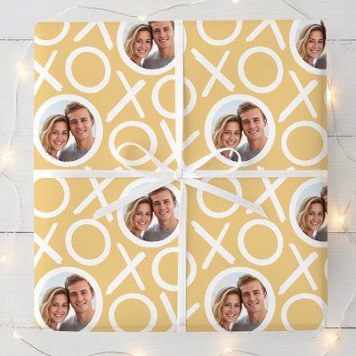 XOXO Hugs &amp; Kisses 2 Photo Yellow Brush Script Wrapping Paper