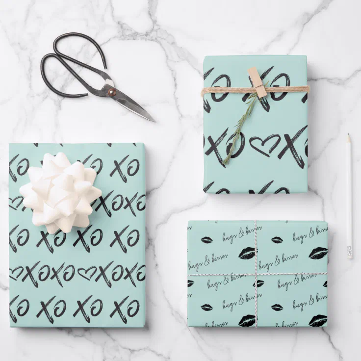 XOXO Hugs & Kisses Brush Script Black & Mint Wrapping Paper Sheets Zazzle