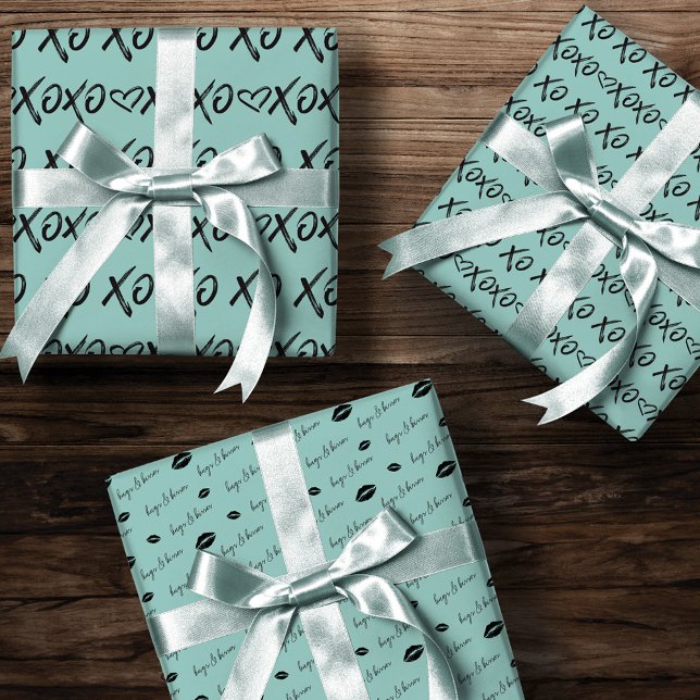 XOXO Hugs & Kisses Brush Script Black & Mint Wrapping Paper Sheets (XOXO Hugs & Kisses Brush Script Black & Mint Wrapping Paper Sheets)
