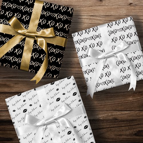 XOXO Hugs  Kisses Brush Script Black  White Wrapping Paper Sheets