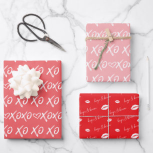 XOXO Hugs & Kisses Brush Script Red & Pink Wrapping Paper Sheets