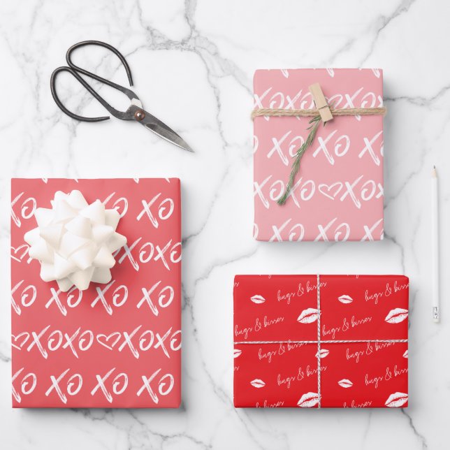 XOXO Hugs & Kisses Brush Script Red & Pink Wrapping Paper Sheets (Front)
