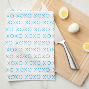 XOXO Hugs & Kisses Love You Blue White Valentine Kitchen Towel