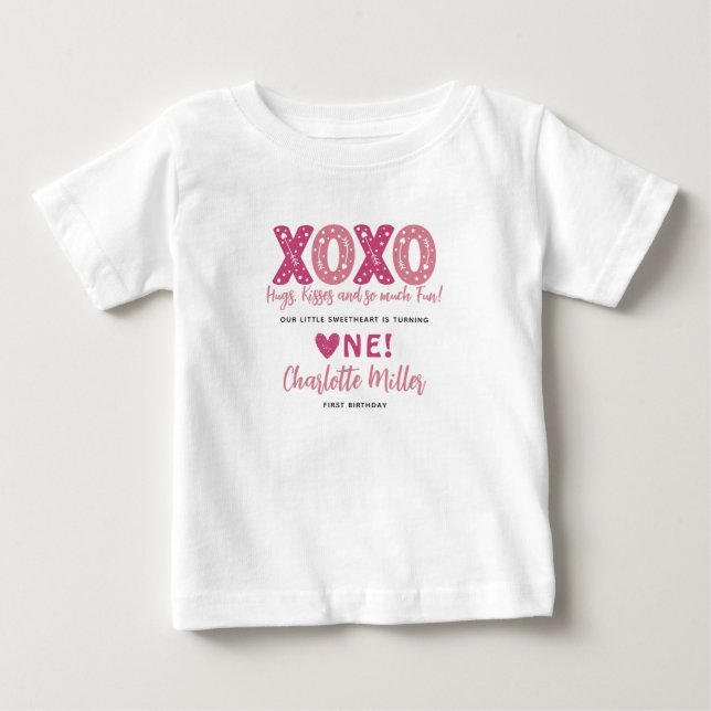XOXO Hugs & Kisses Valentine's Day 1st Birthday Baby T-Shirt (Front)