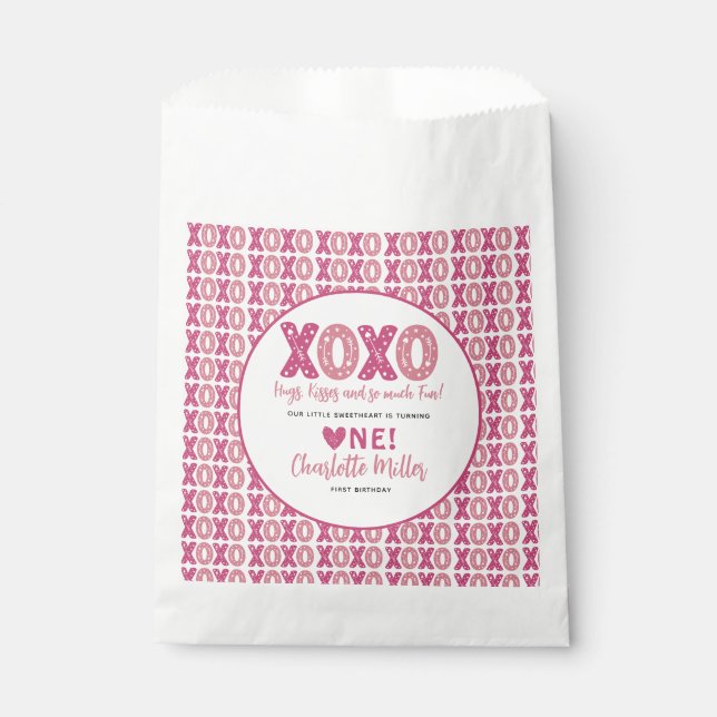 XOXO Hugs & Kisses Valentine's Day 1st Birthday Favor Bag (Front)