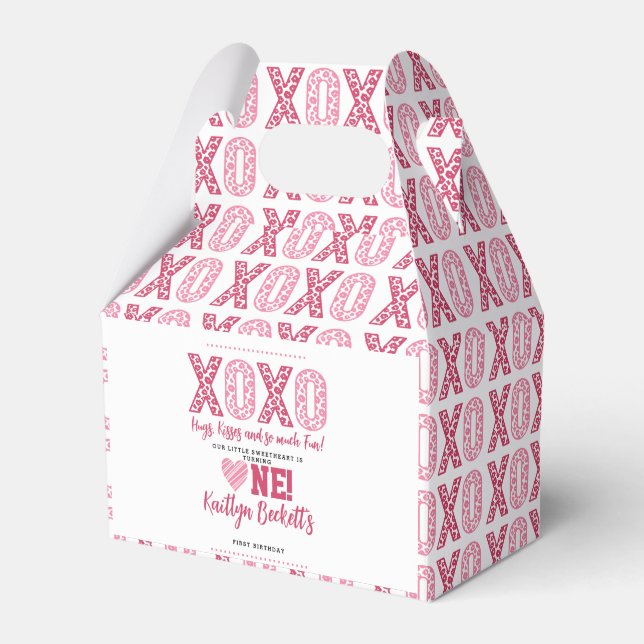 XOXO Hugs & Kisses Valentine's Day 1st Birthday Favor Boxes (Front Side)