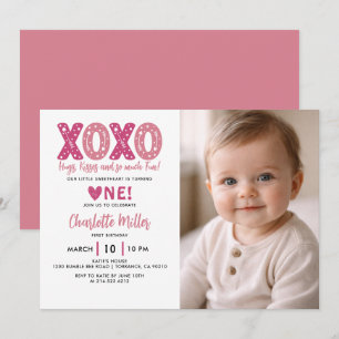  XOXO Hugs & Kisses Valentine's Day 1st Birthday Invitation