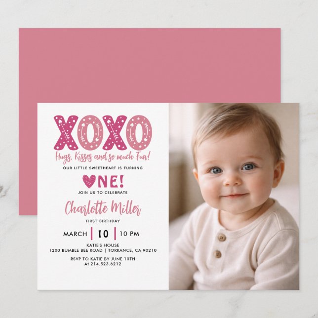  XOXO Hugs & Kisses Valentine's Day 1st Birthday Invitation (Front/Back)